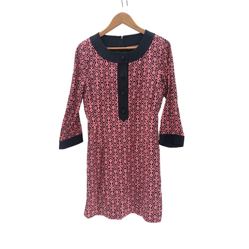 Vineyard Vines Dress Damask Silk Blend Sheath Long Sleeve Women 8 Pink Navy Blue